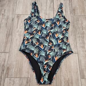 MeUndies Tropical Palms One Piece Swimsuit Womens XL Bird of Paradise Navy